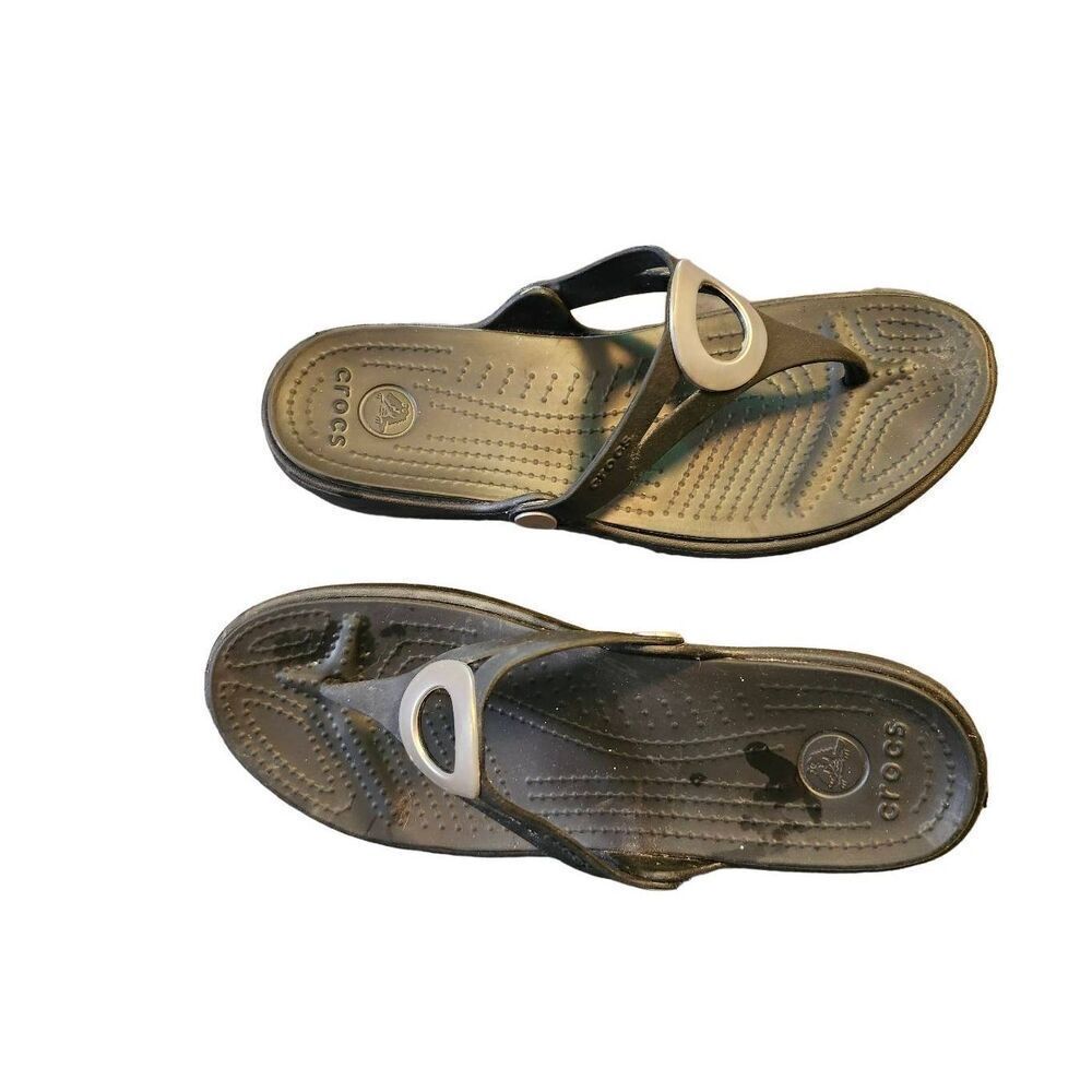 Crocs Women's Sz 10 Sanrah Embellished Black Slip On Wedge Comfort Sandals